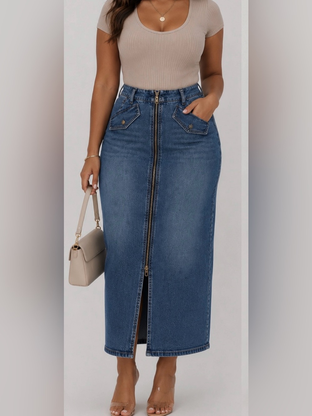 Women’s Front-Zip High Waist Denim Maxi/Midi Skirt - Blue Size 12
